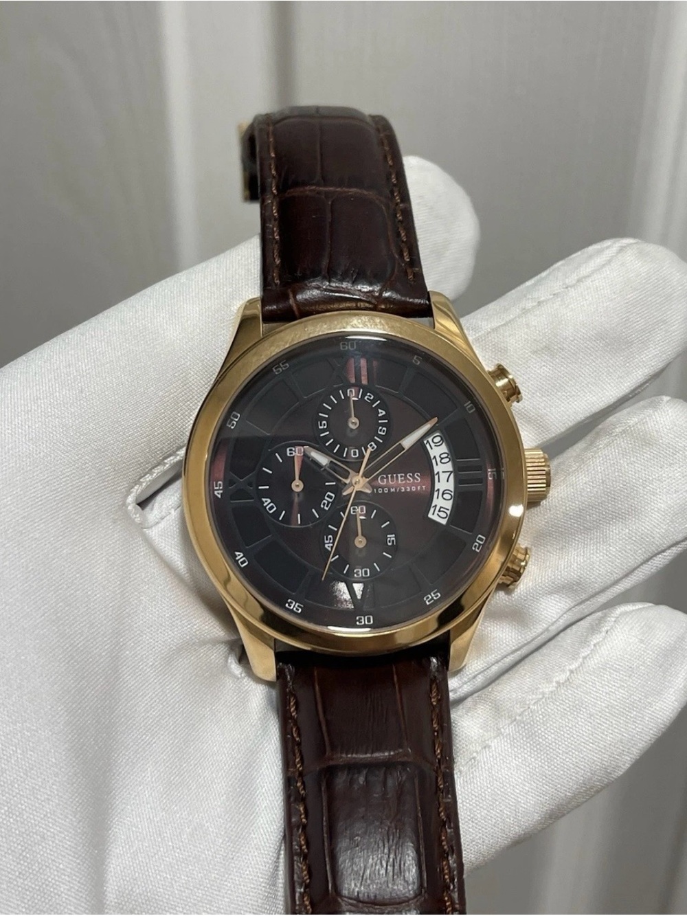 Guess Sport Chronograph Men’s Watch U14504G1 Gold Tone 44mm Brown Leather Date